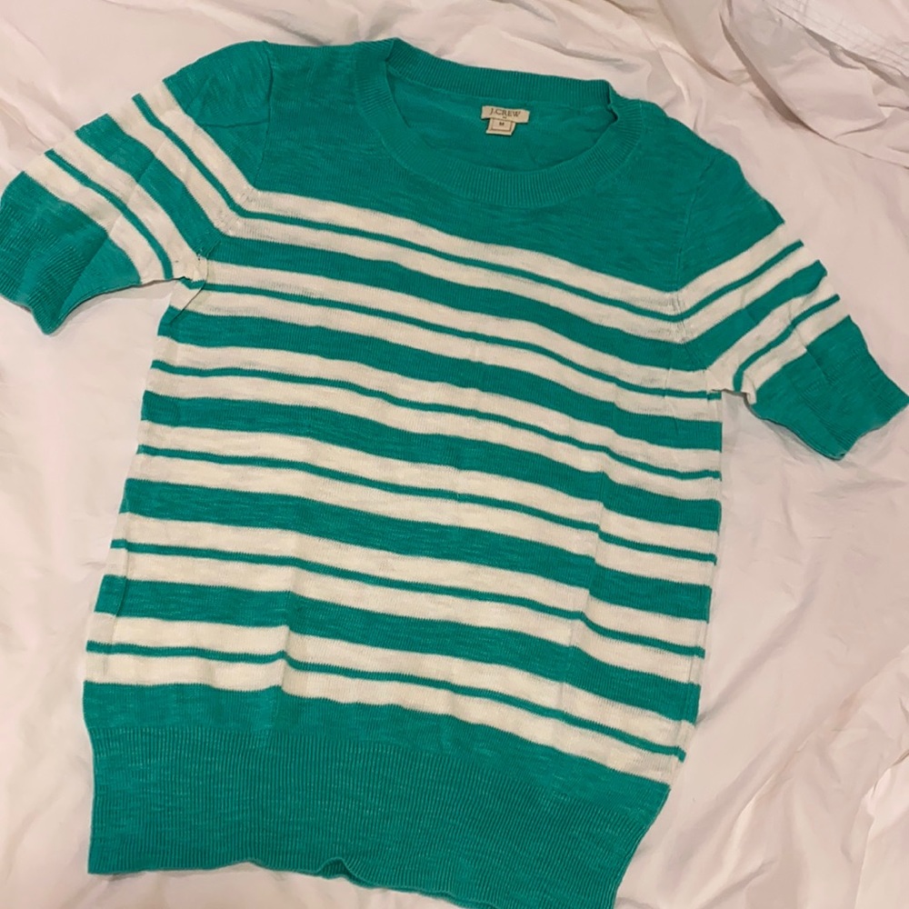 JCrew turquoise and white striped short sleeve sweater